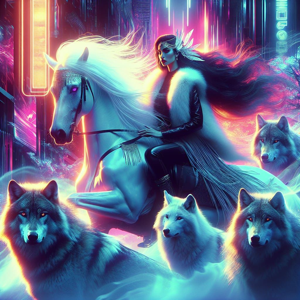 Cyberpunk Woman on White Horse with Wolves