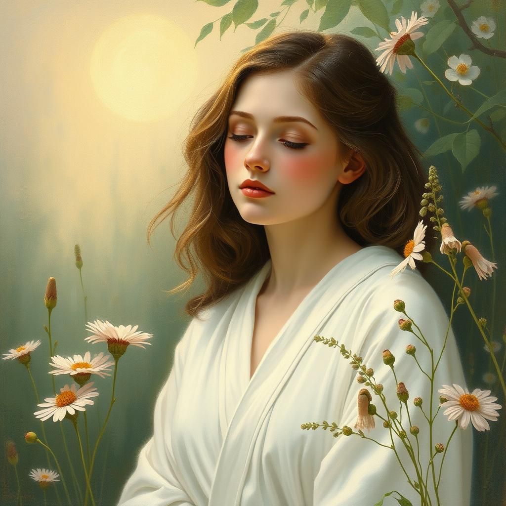 Ethereal Woman in a Lush Floral Landscape