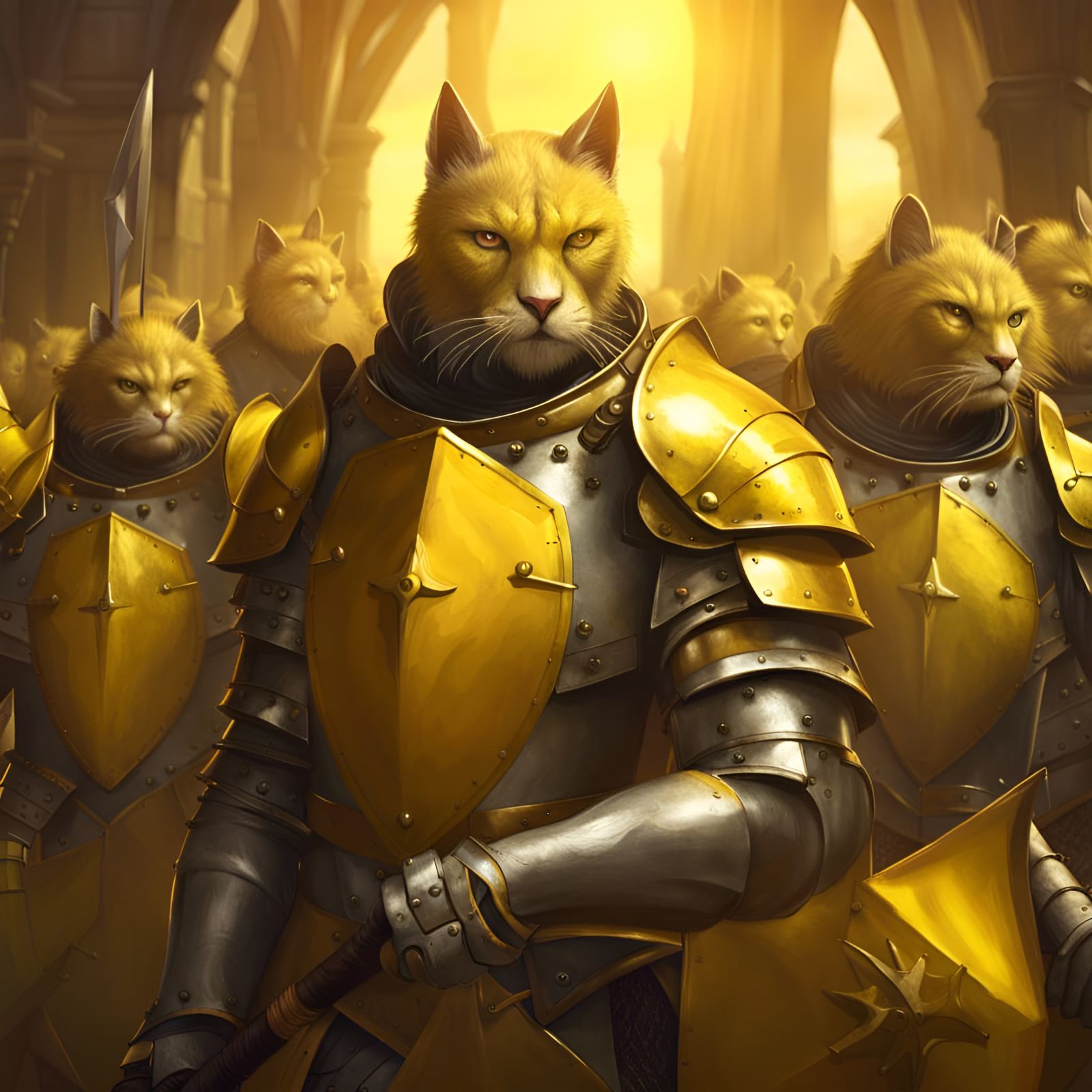 Medieval Werecat Army Led by Cyborg, Photorealistic