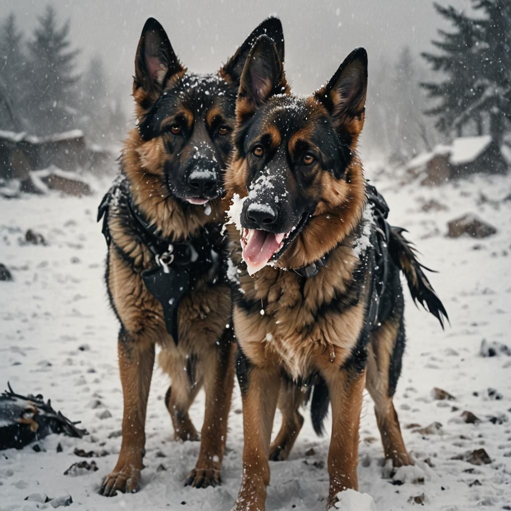 German Shepherd war dog with a penguin in its mouth