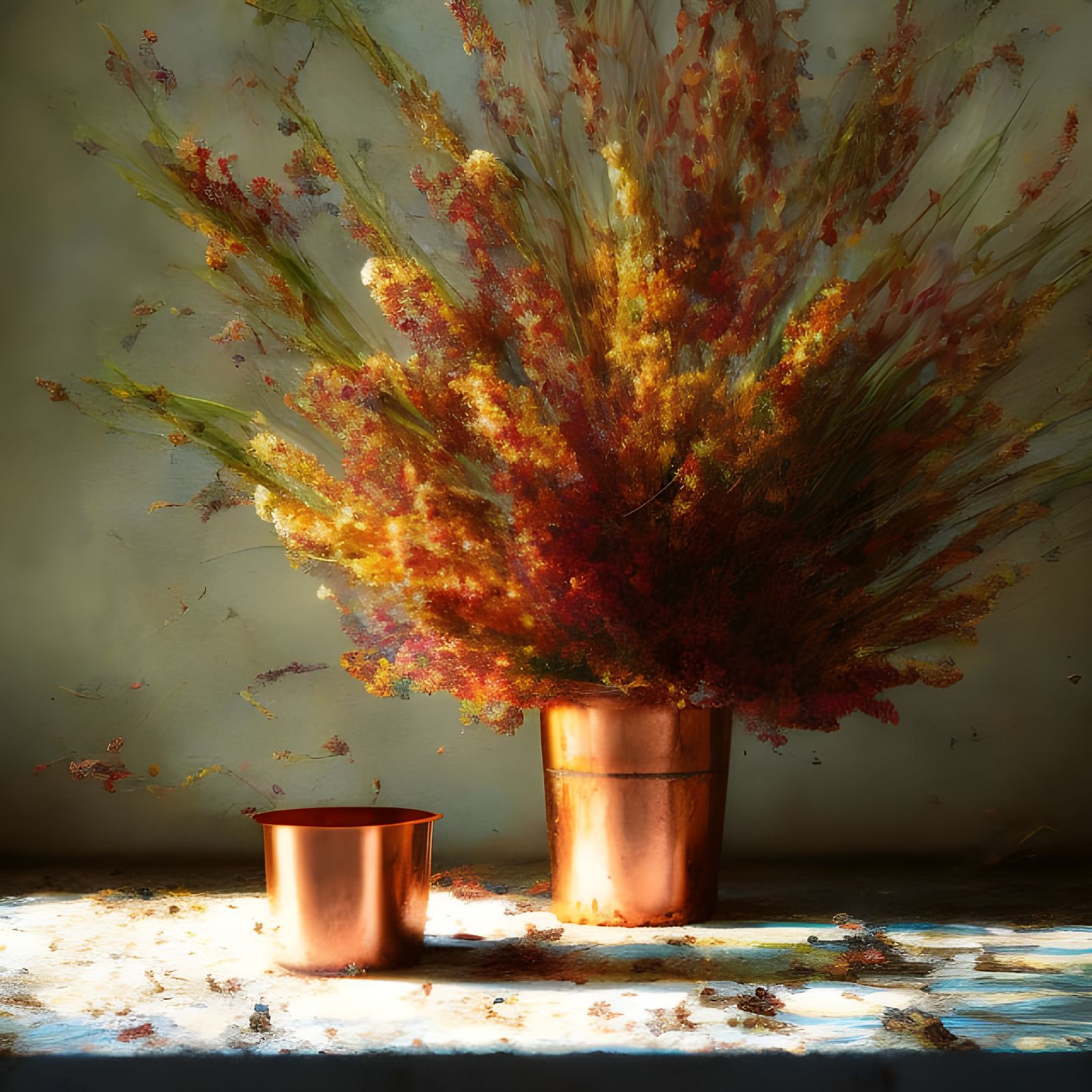 Illuminated Dry Flowers in Copper Bucket: Hyperreal Painting