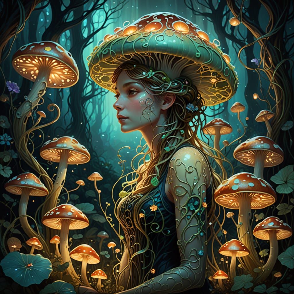 Whimsical Vine Creature Among Ethereal Mushrooms