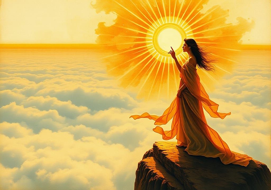Ethereal Woman Reaching for Sun in Pre-Raphaelite Style