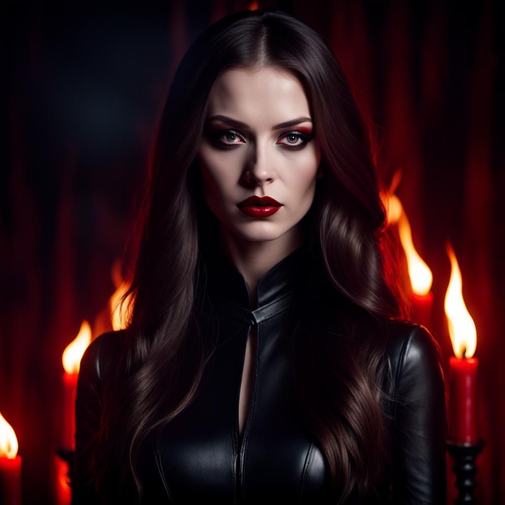 Dark Fantasy Woman in Candlelit Hellscape