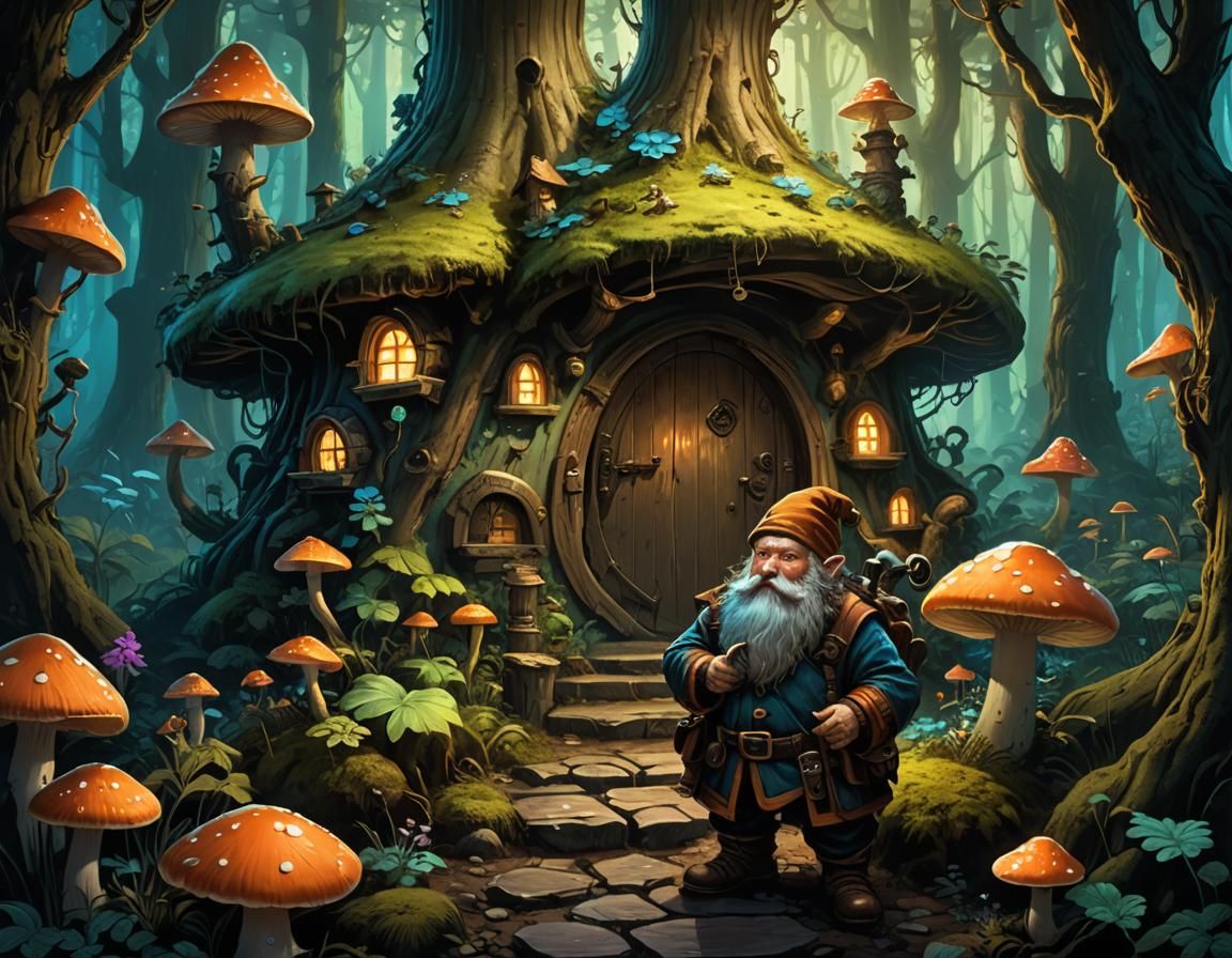 Dwarf at Mushroom House in Robert Kirkman Comic Style