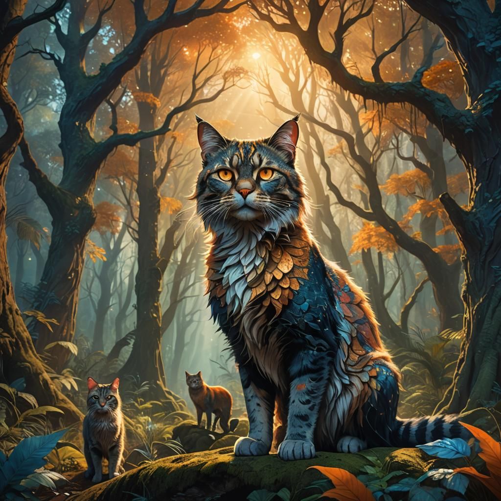 Giant Cat in Mystical Forest: Detailed Matte Painting