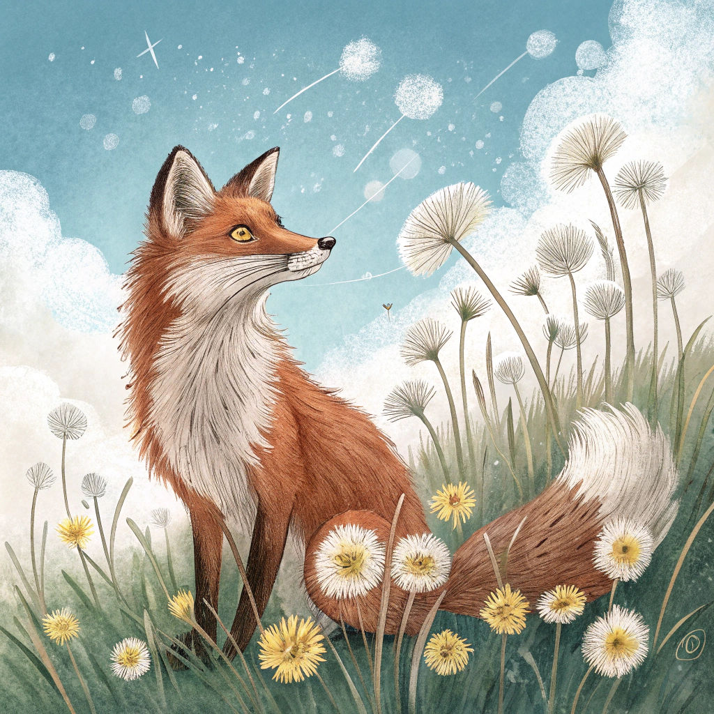 Red Fox in Dandelion Field: Watercolor Painting