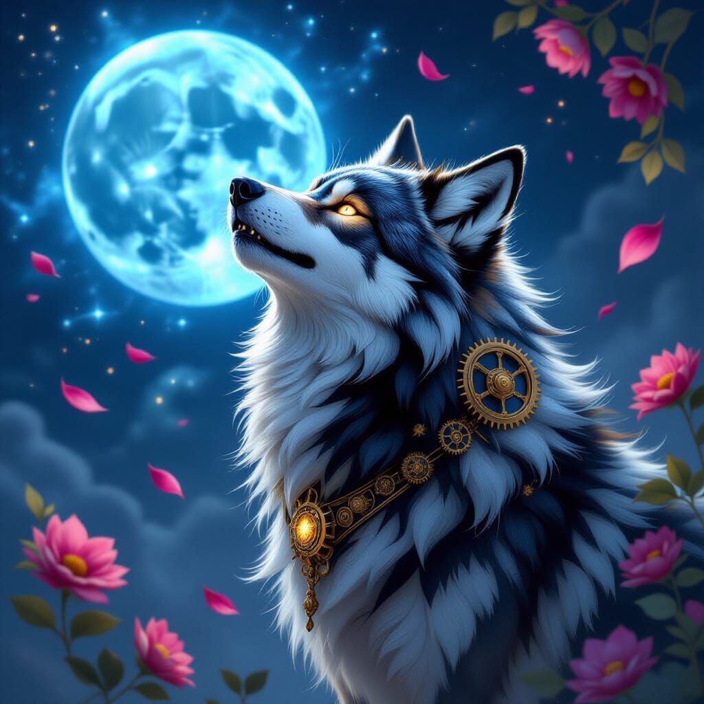 Steampunk Wolf Howling at Nebula Moon