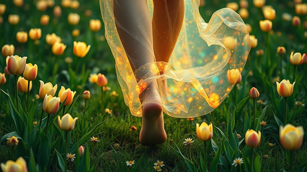 Mystical Woman in Whimsical Meadow, Iridescent Aura and Ethe...