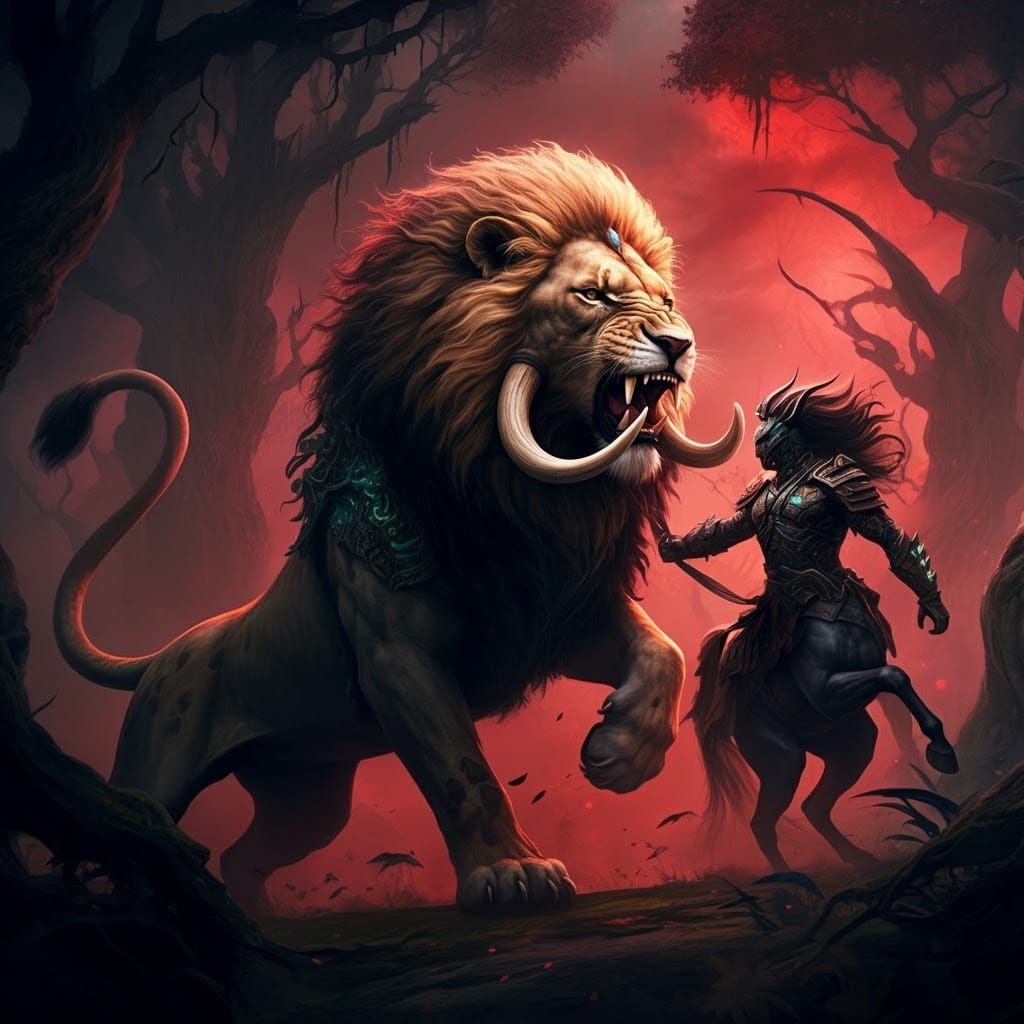 Epic Battle of Majestic Yalis in Enchanted Forest under Red ...