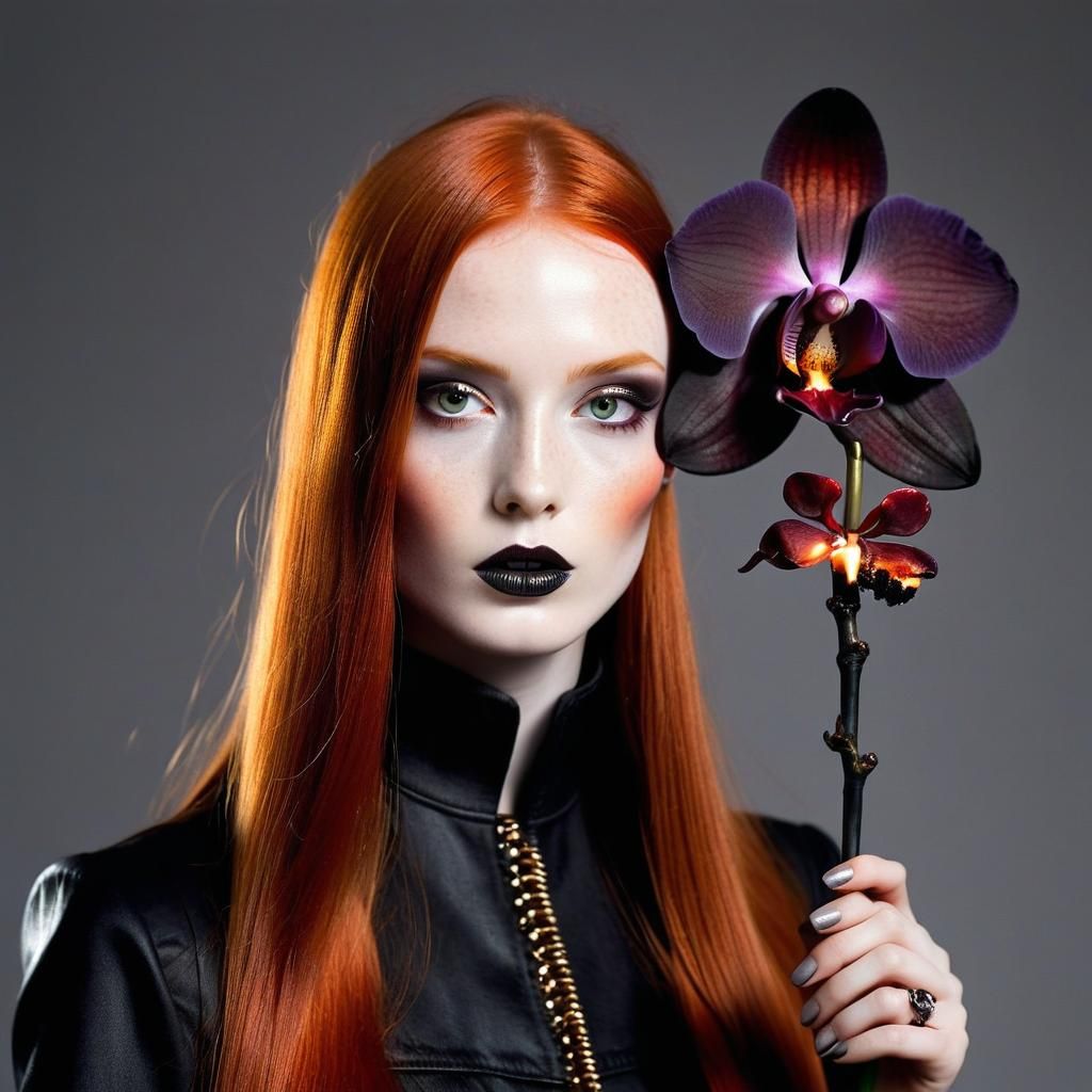 Red-Haired Model with Flaming Orchid in Minimalist Style