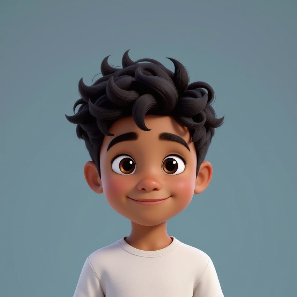 Young Boy with Black Hair and Brown Eyes in 3D Pixar Style