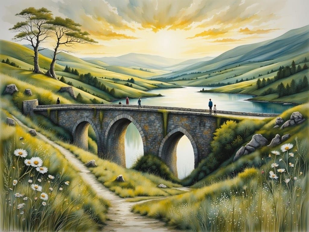 Ancient Scottish Highlands Bridge at Sunset