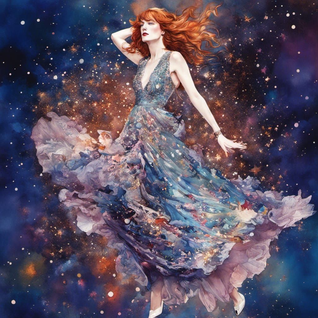 Florence Welch Dances in Glittering Watercolor Landscape