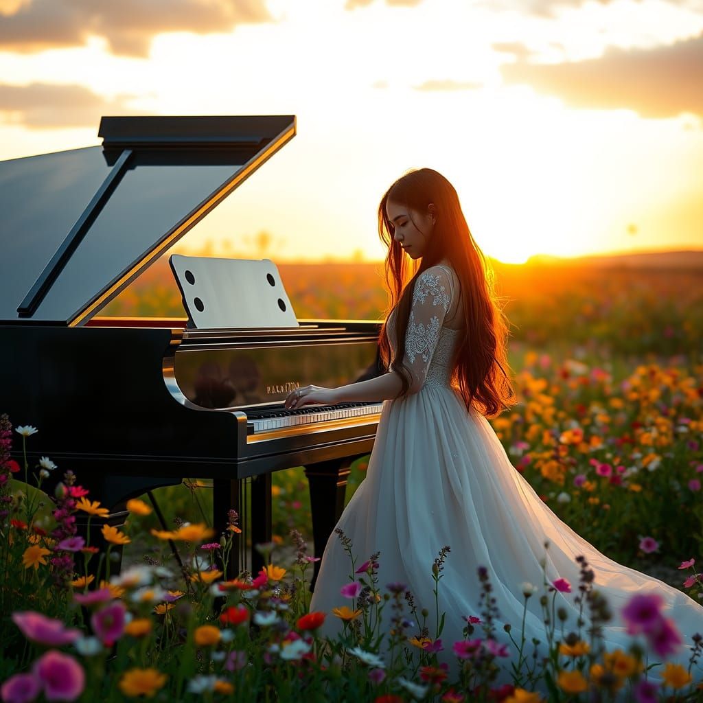 Young Woman Plays Piano in a Field of Wildflowers at Sunset