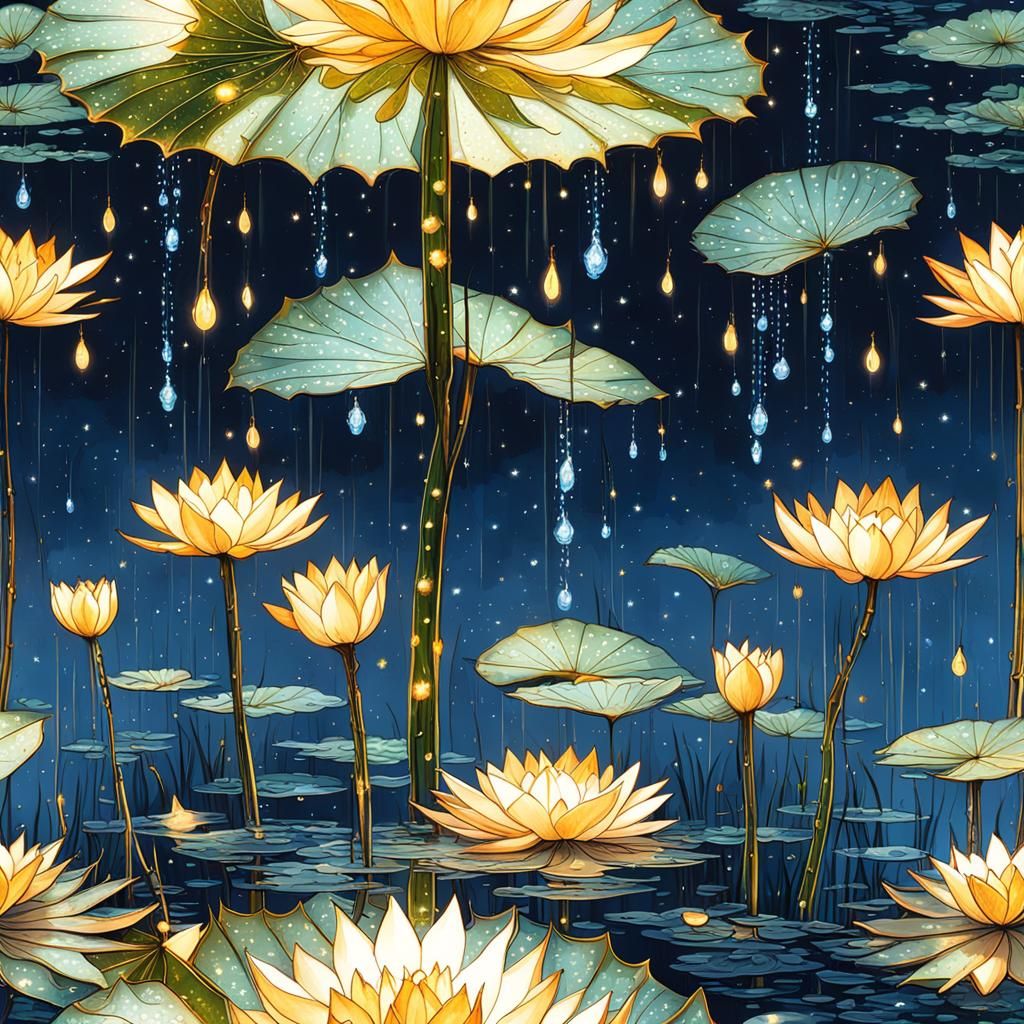 Luminous Water Lilies with Raindrops in Digital Painting