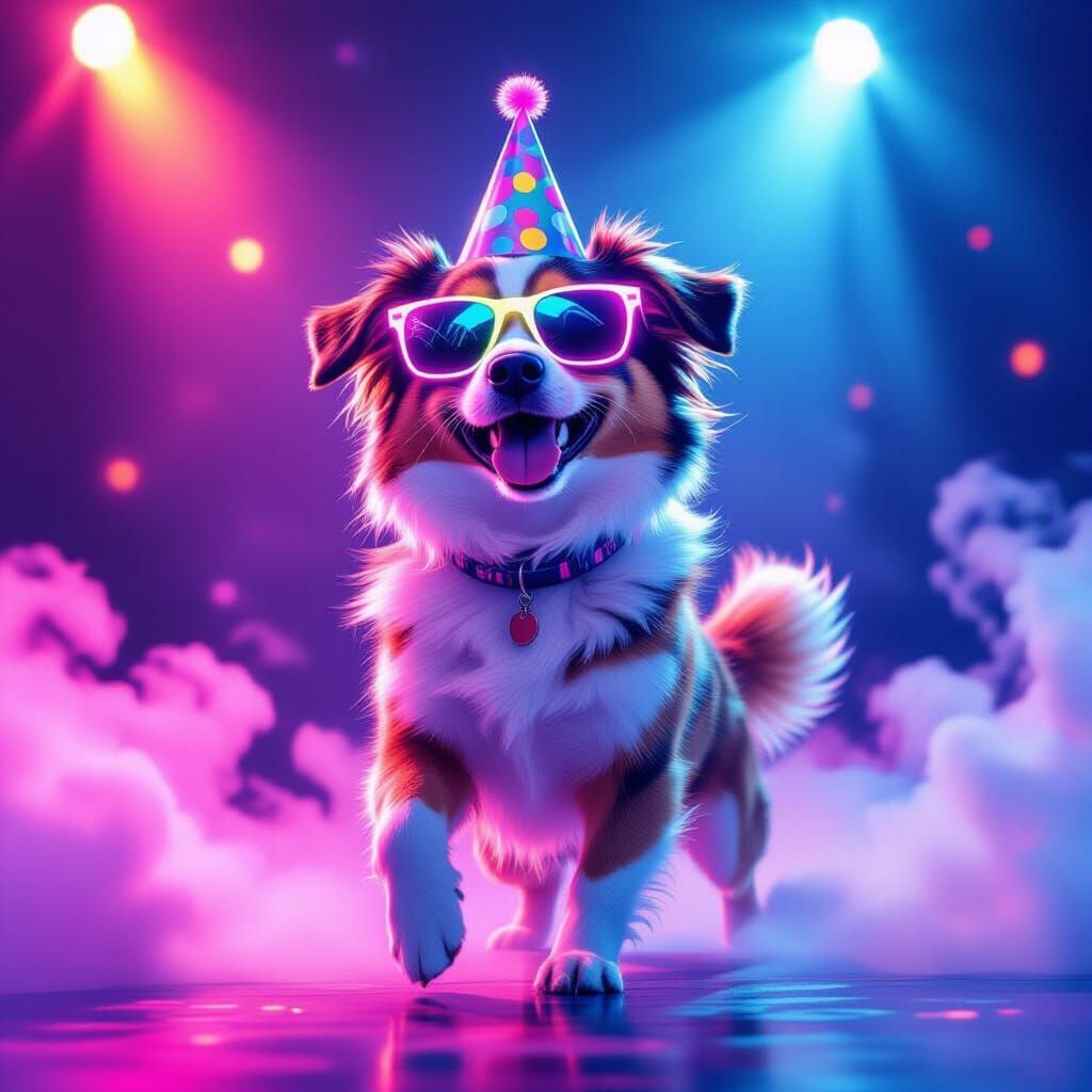 Cute Dog Dancing at Vibrant Neon Rave Party