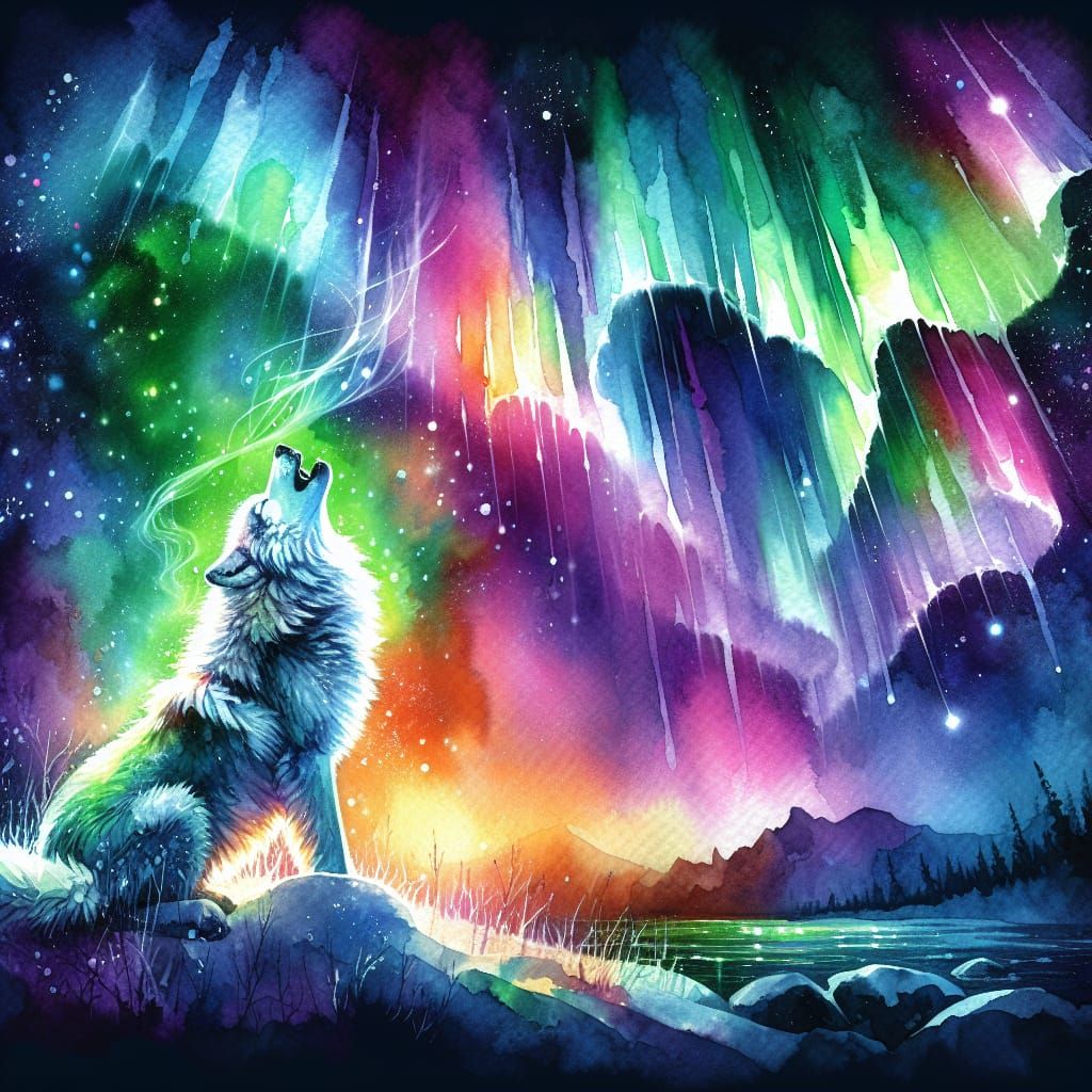 Magic Aurora wolf howling splash art watercolor