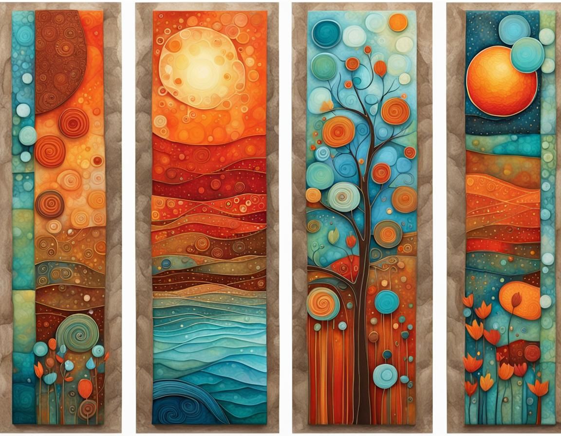 Vibrant Four Panel Abstract in Impasto Style