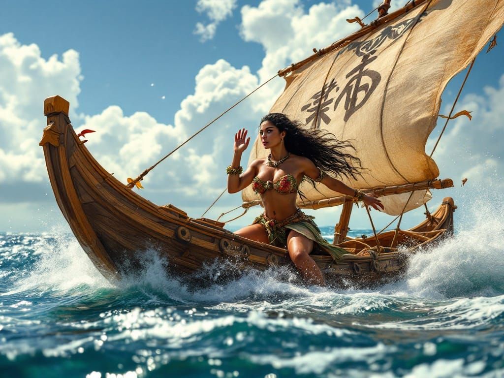 Polynesian Goddess Rides the Ocean Waves