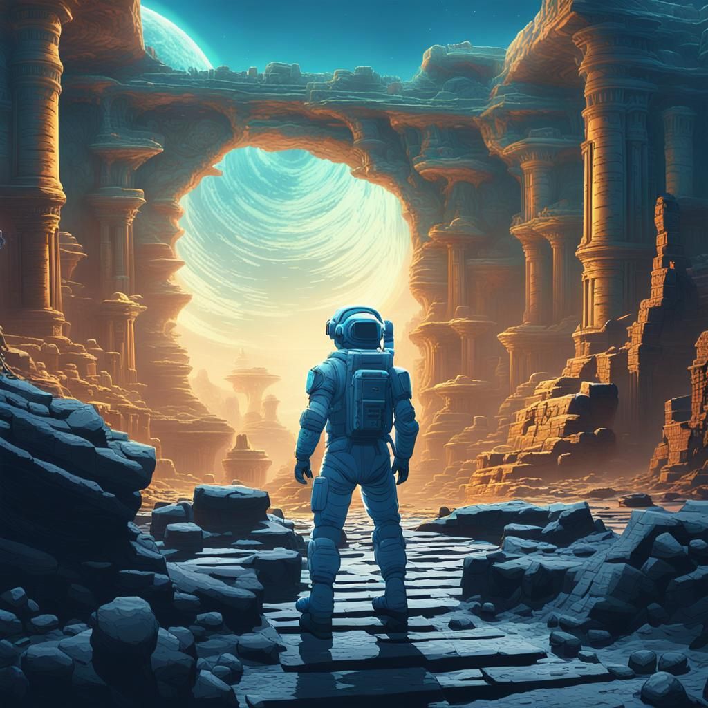 Astronaut Explores Atlantean Ruins in Anime Style
