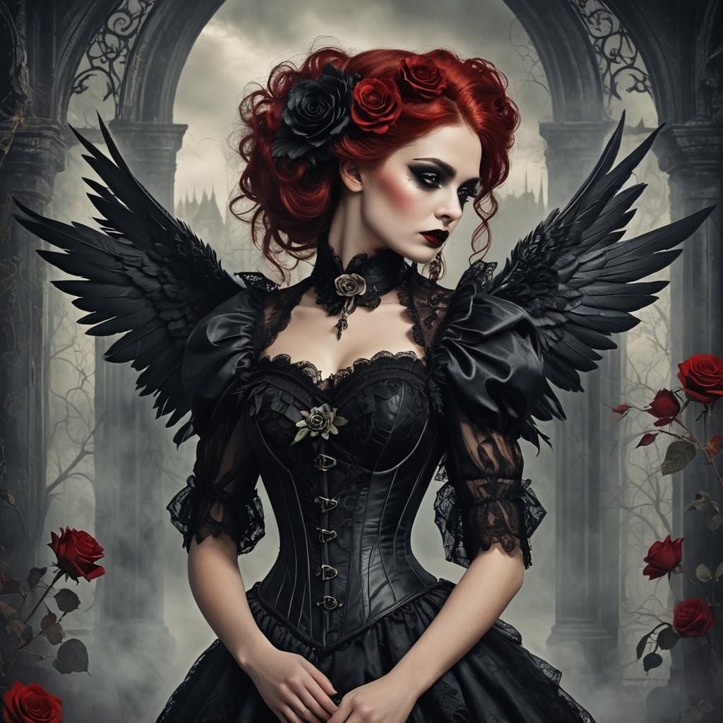 Gothic Woman with Winged Corset in Victorian Style