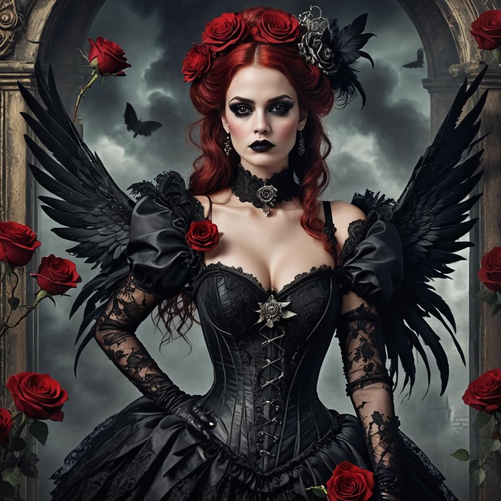 Gothic Woman in Lace Corset with Winged Shoulders