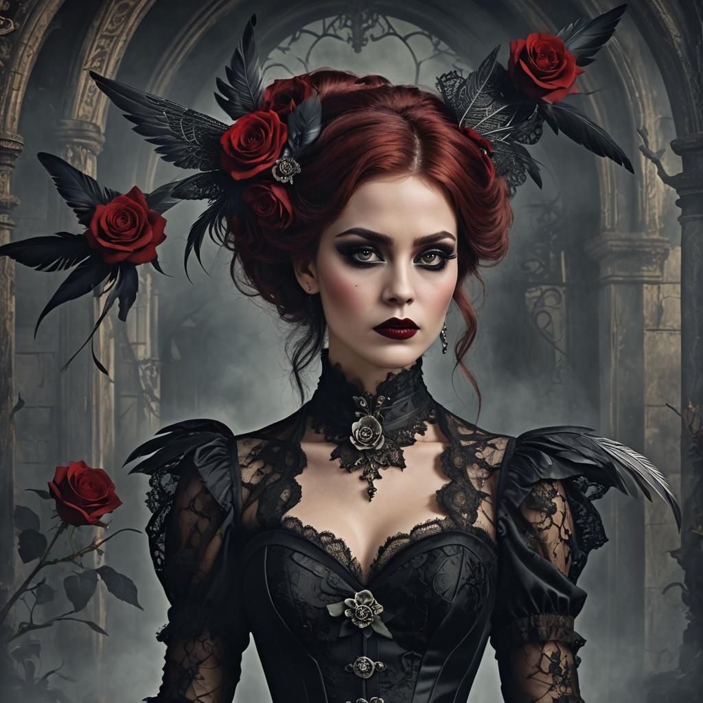 Gothic Woman with Rose and Feather in Voluminous Hair