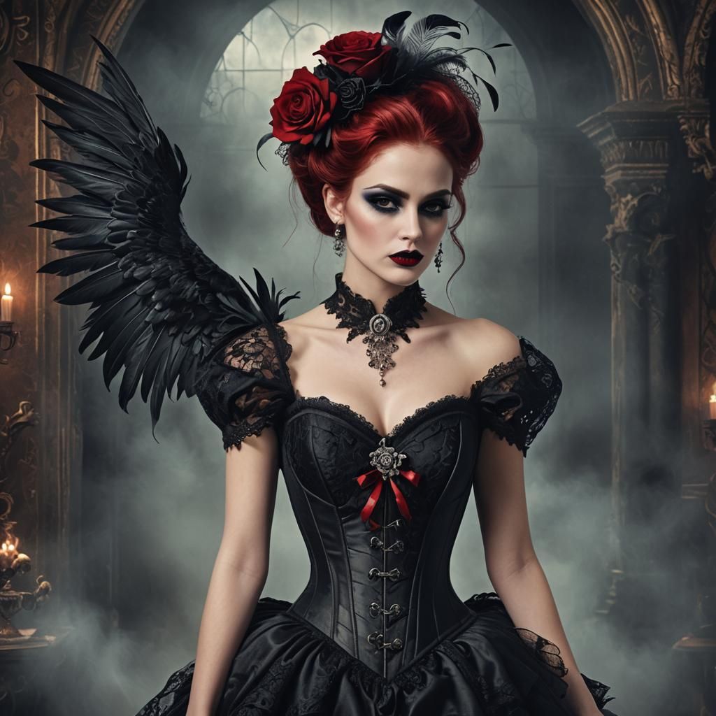 Gothic Woman in Black Lace Corset: Victorian Elegance