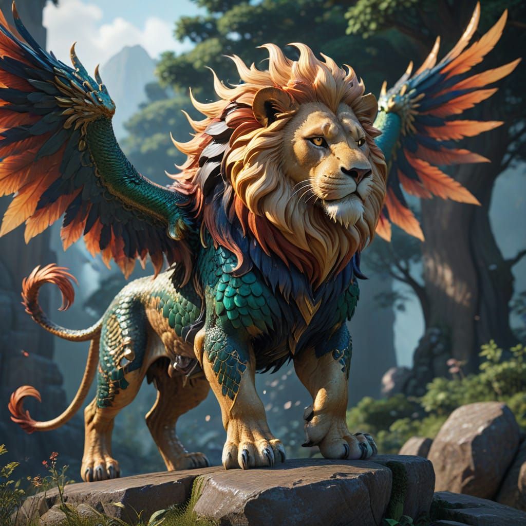 Majestic Dragon-Lion Hybrid in 3D Anime Art