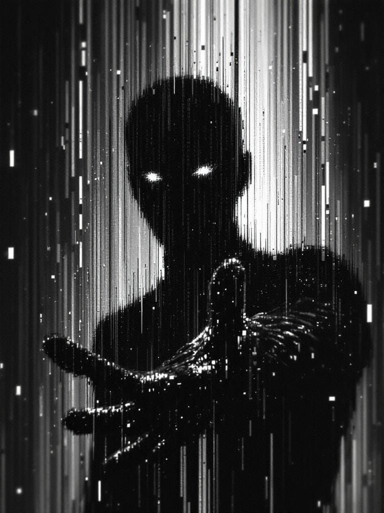 Glitched Figure Emerging from Pixelated Wall in Monochromati...