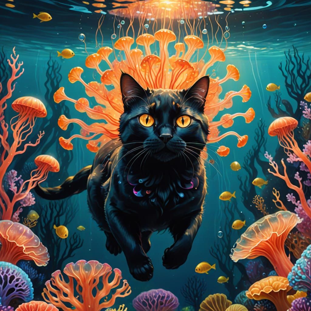 Underwater Cat: A Surrealist Oil Painting