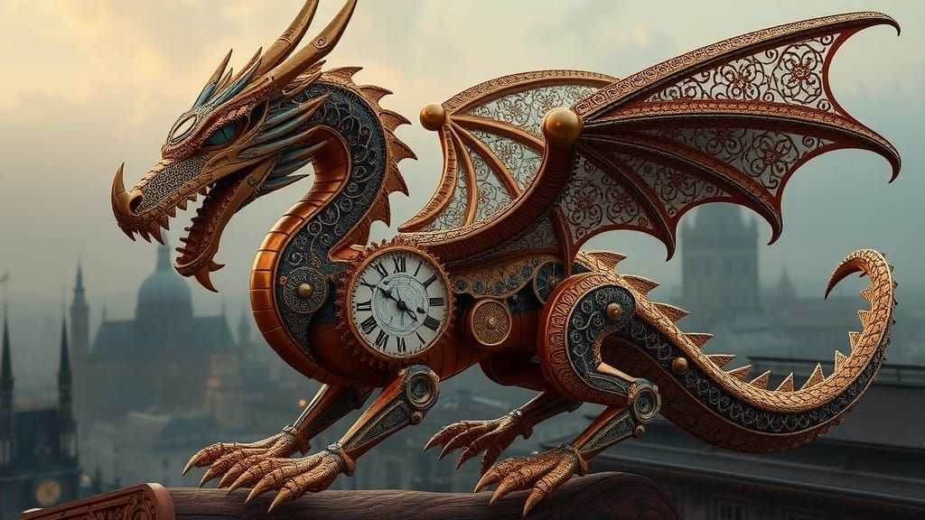 Clockwork Dragon with Steampunk Elements and Copper Filigree