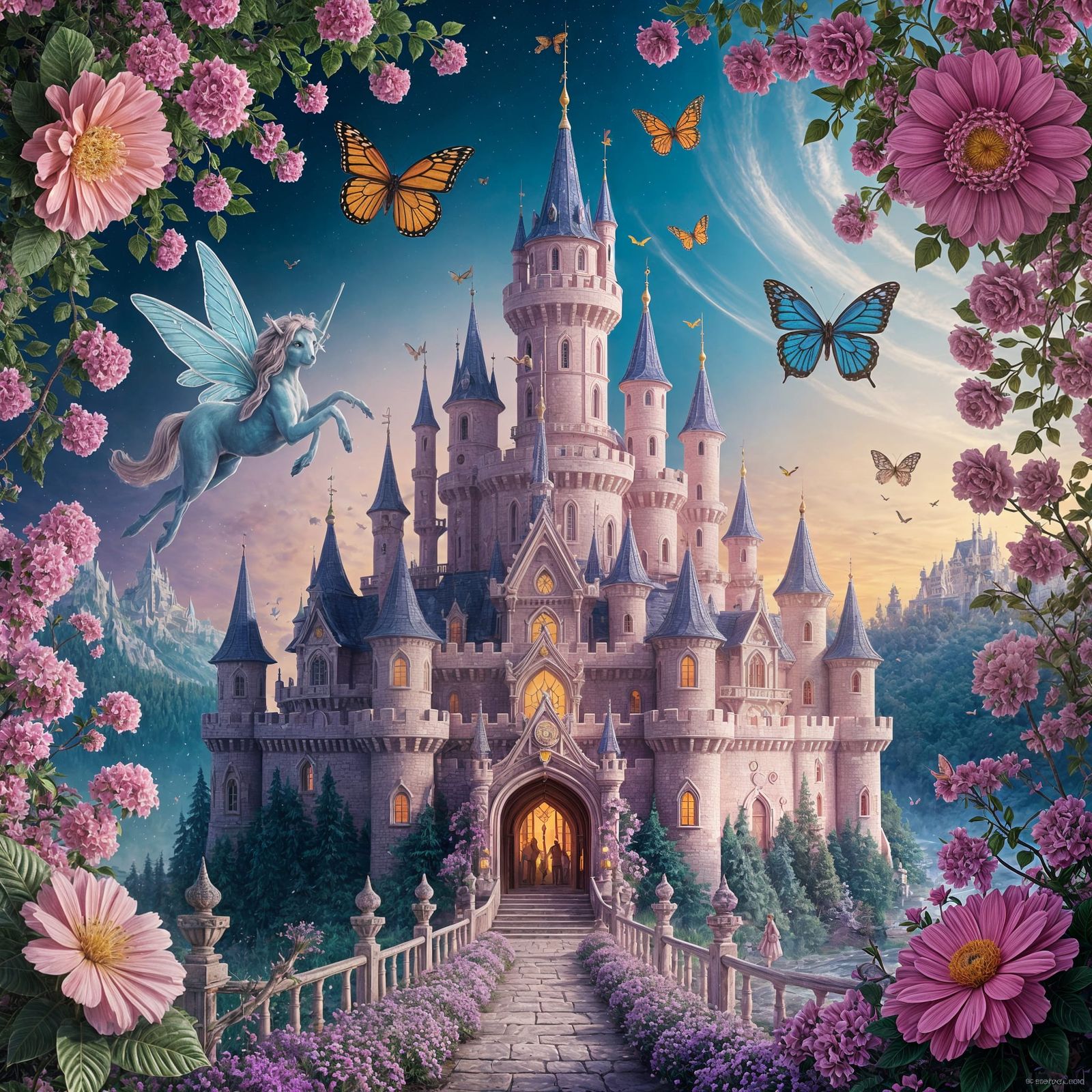 Enchanted Castle with Fairies, Unicorns, and Psychedelic But...