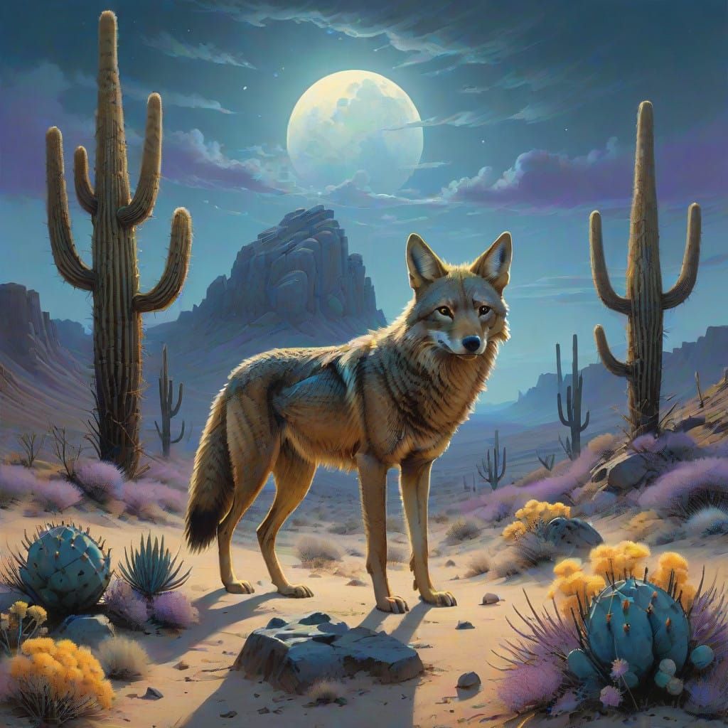 Moonlit Coyote in Desert Sage Brush Landscape