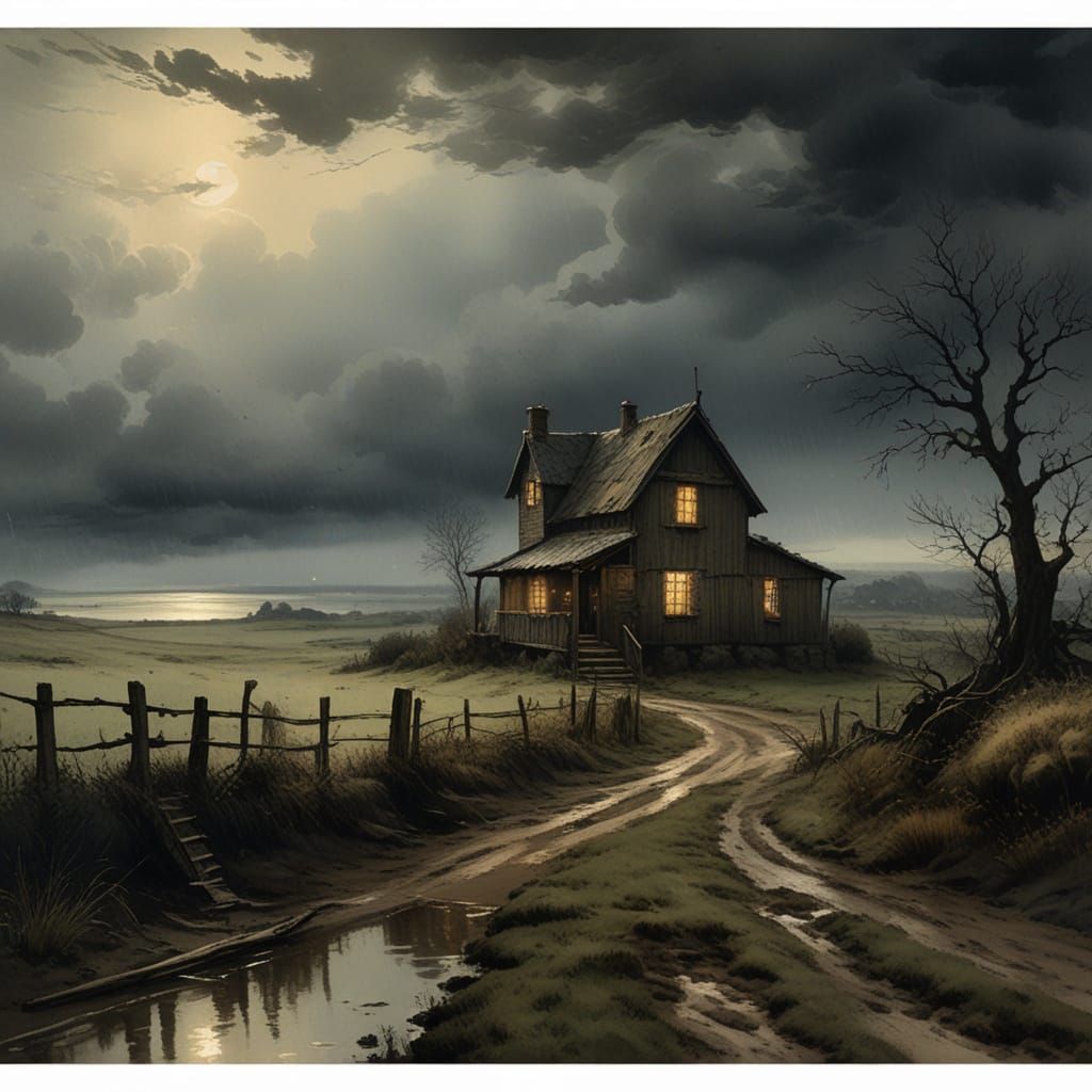 Dramatic Farmhouse Silhouette Against Stormy Sky