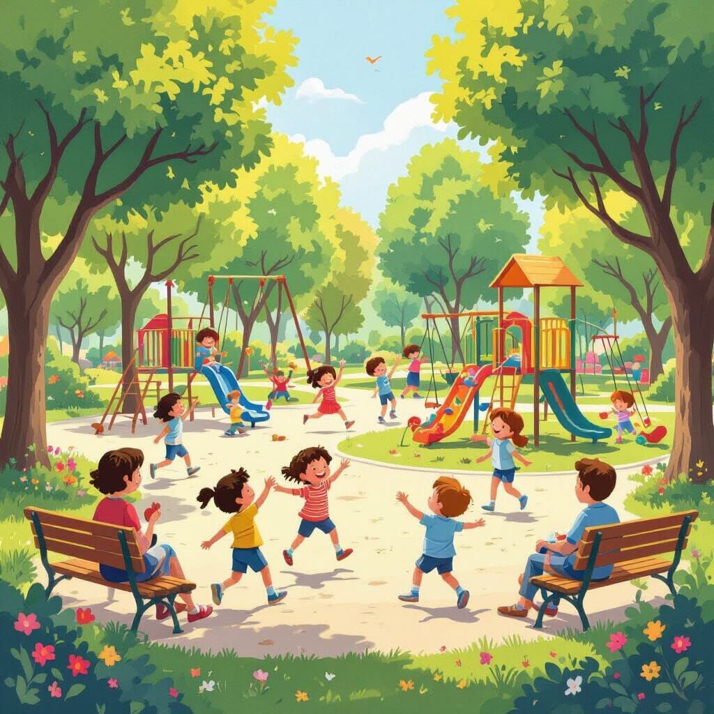 Joyful Park Scene With Children Playing and Parents Relaxing