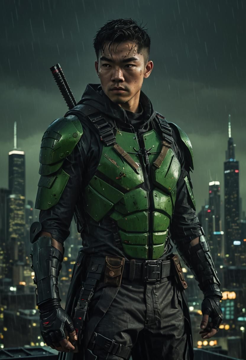 Superhero Vigilante Over Chicago in Comic Book Style