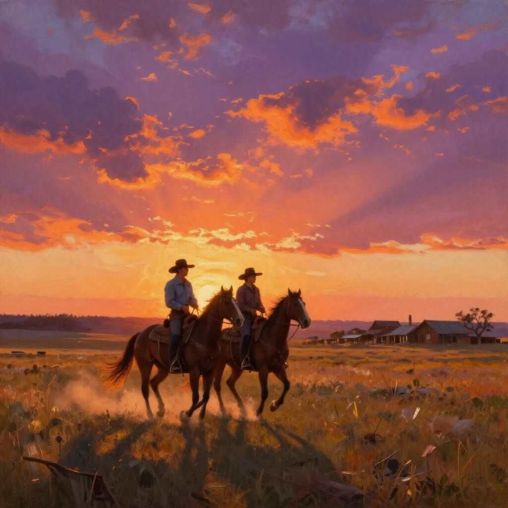 Cowboys Silhouetted Against Fiery Sunset Over Prairie