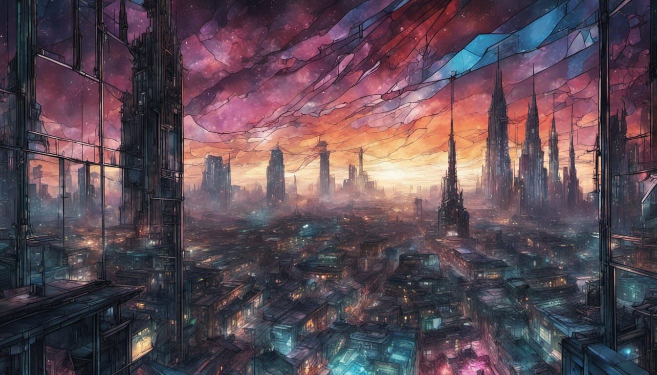 Cyberpunk Cityscape Under Stained Glass Sky