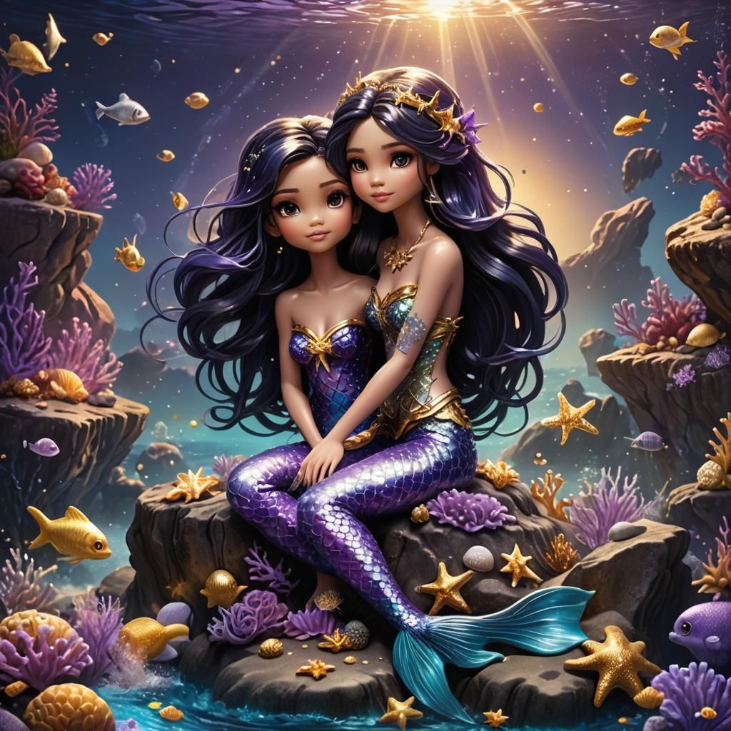 Chibi Mermaid with Starry Fins in Deep Ocean Scene