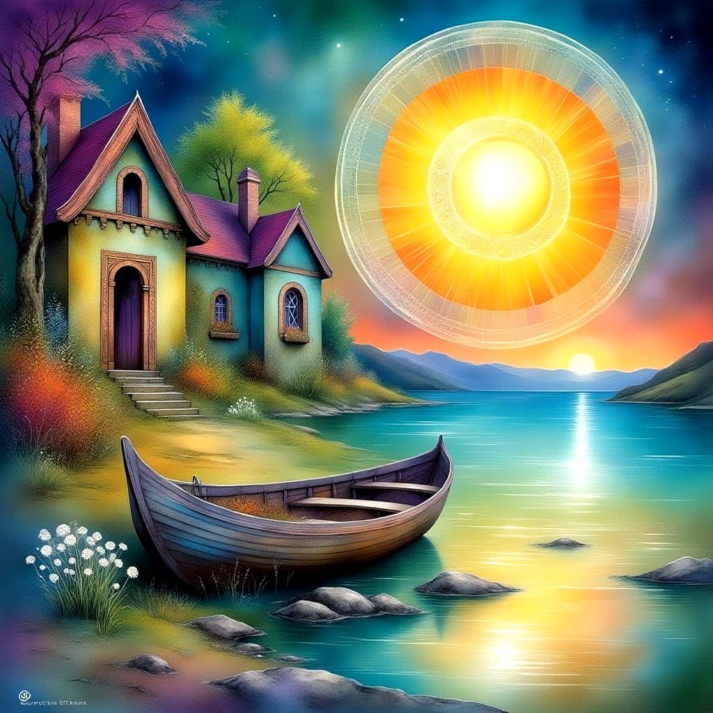 Dreamy Ink and Watercolour Landscape with Trees and Lake