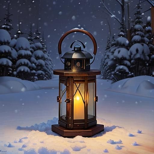 Rustic Lantern in Winter Night, Oil Painting