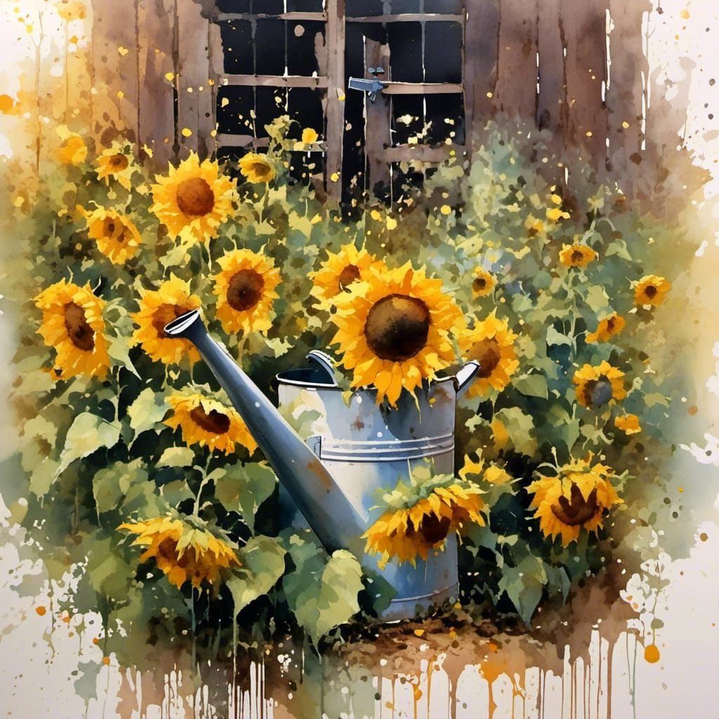 Sunflowers in Watering Can: Vivid Watercolor Art