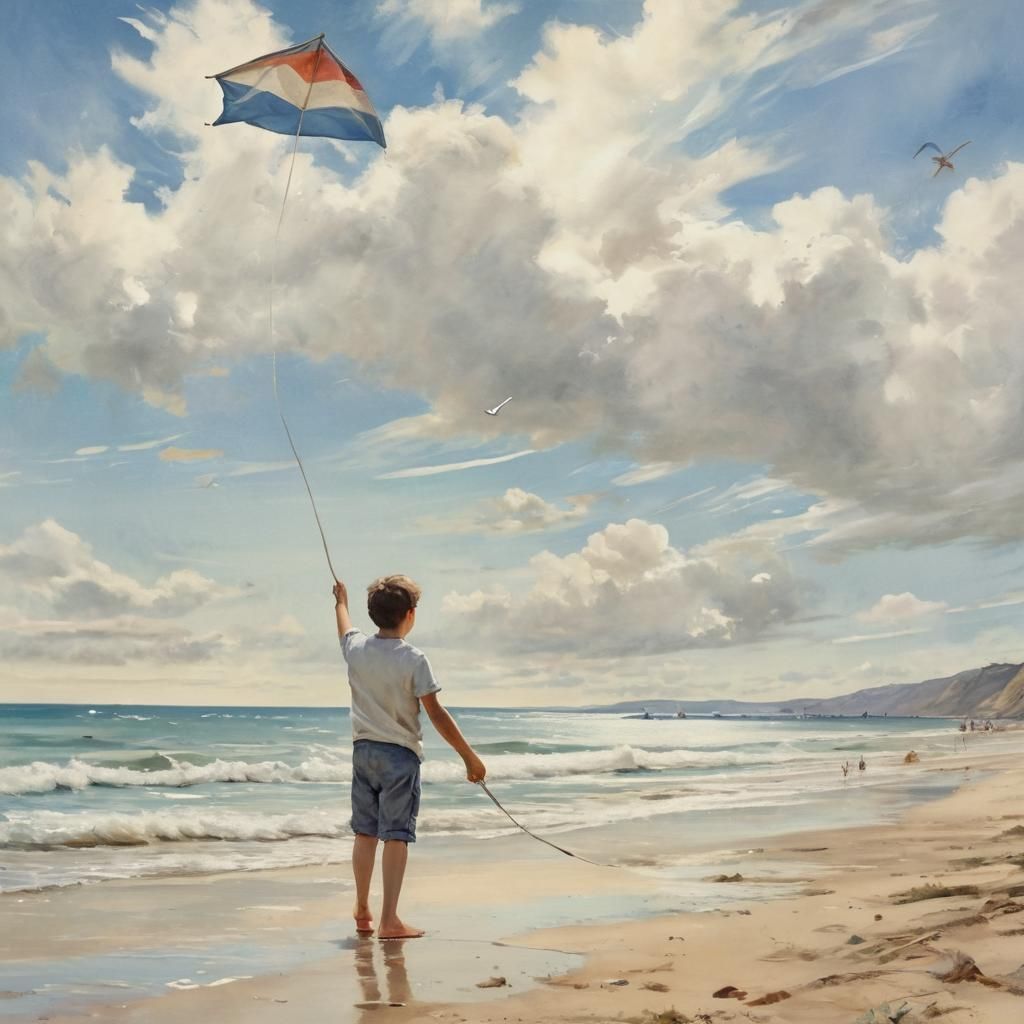 Boy with Kite: Impressionistic Watercolor Beach Scene