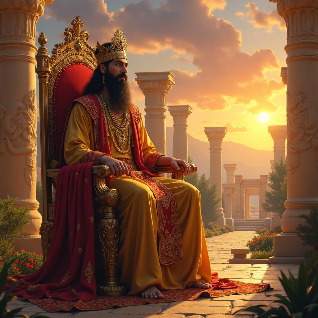 Persian King on Throne in Fantasy Landscape