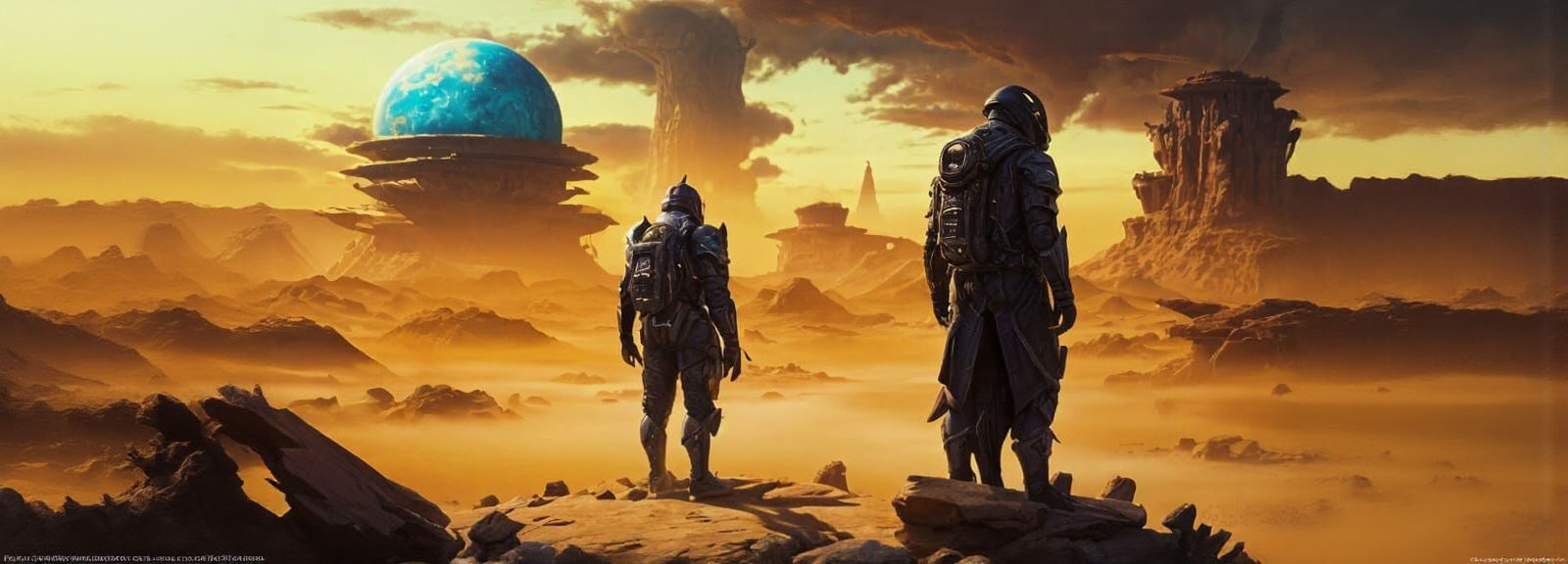 Armored Figure Gazes at Ringed Planet in Alien Landscape