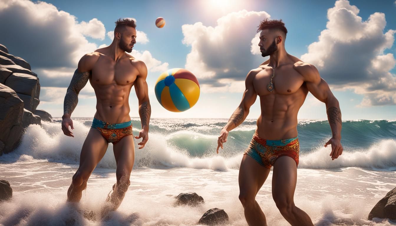 Twin Brothers Play Beach Ball on Rocky Shore