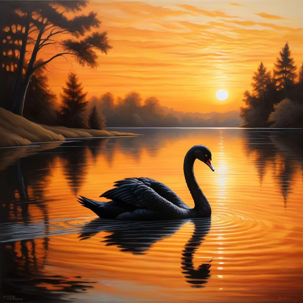 Elegant Black Swan Silhouette Against Golden Sunset