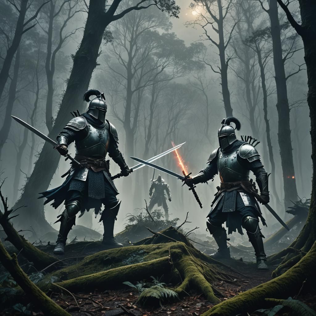 Ominous Forest Battle: Dark Fantasy Illustration